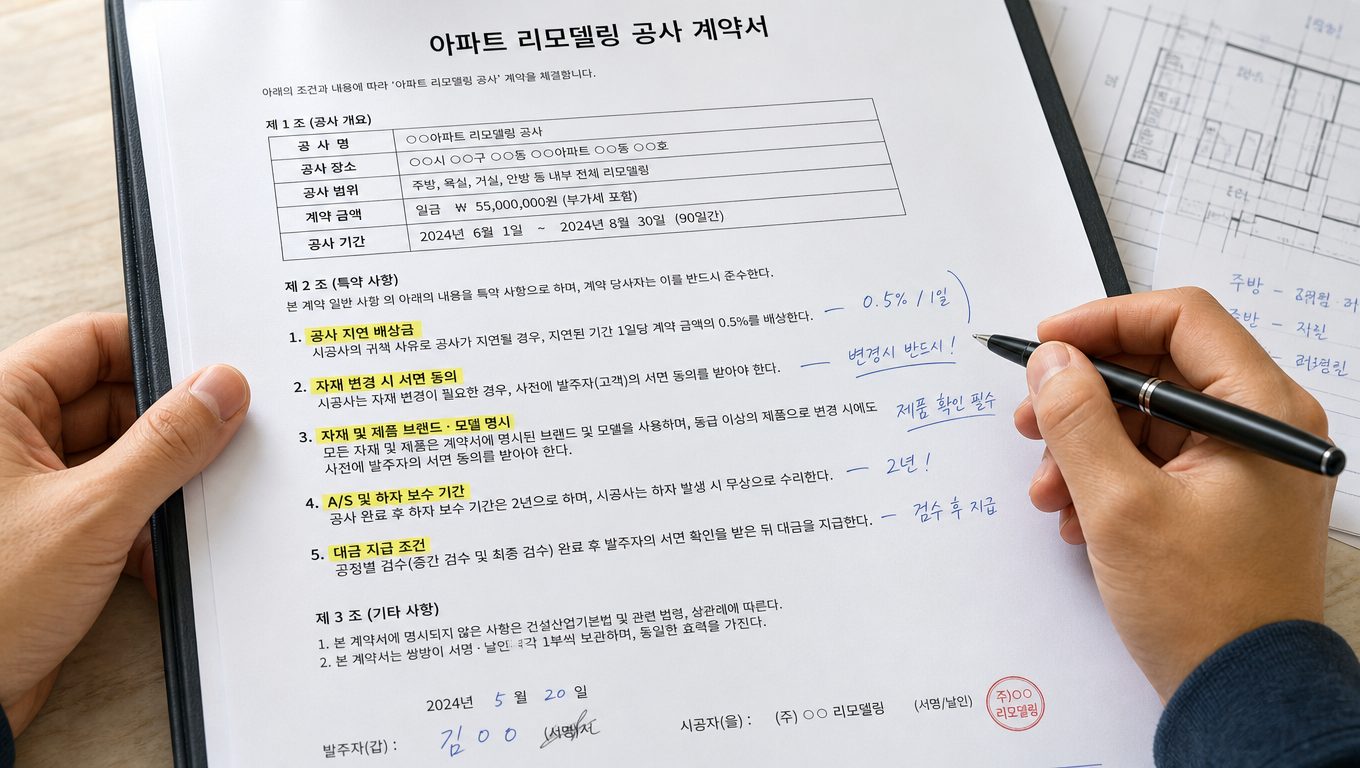아파트 리모델링 계약서에 포함해야 할 특약 조항 5가지