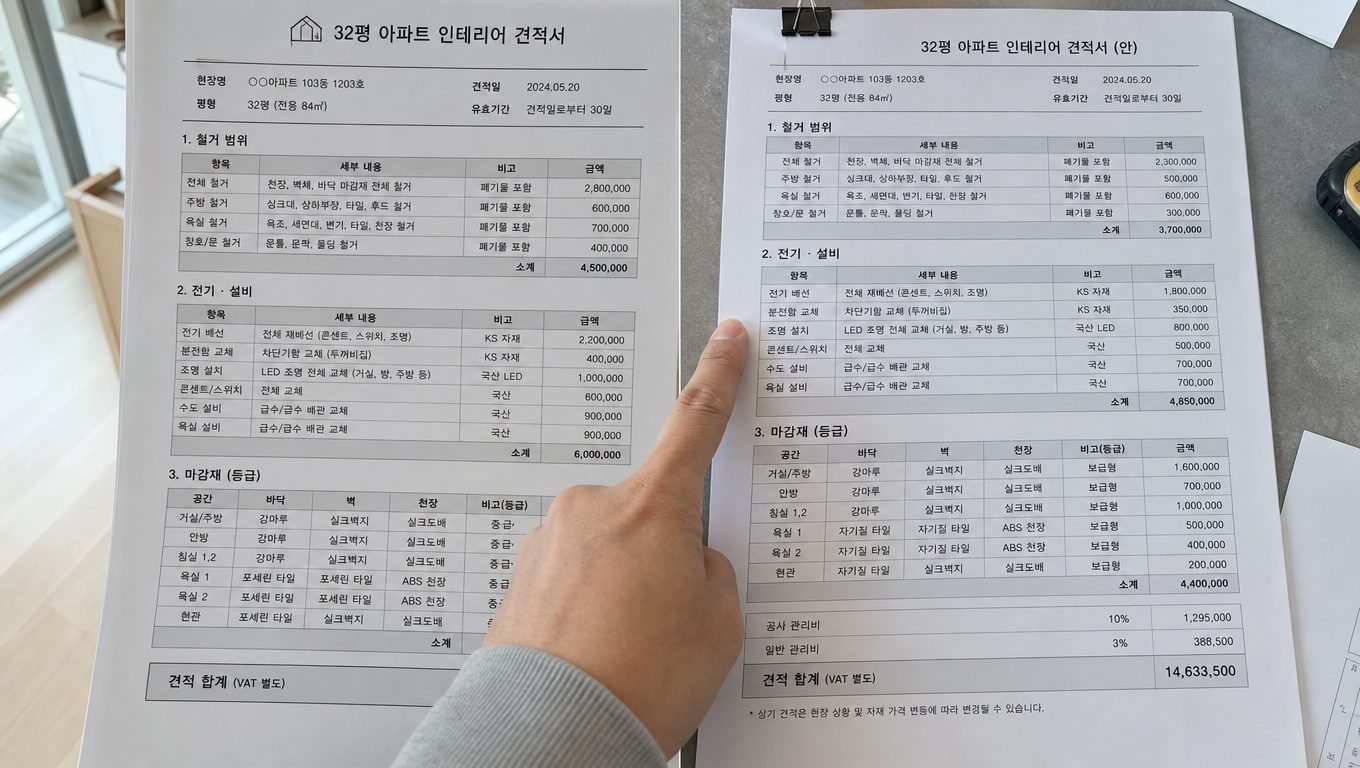 아파트 인테리어 견적 비교 시 공사 범위 확인 방법