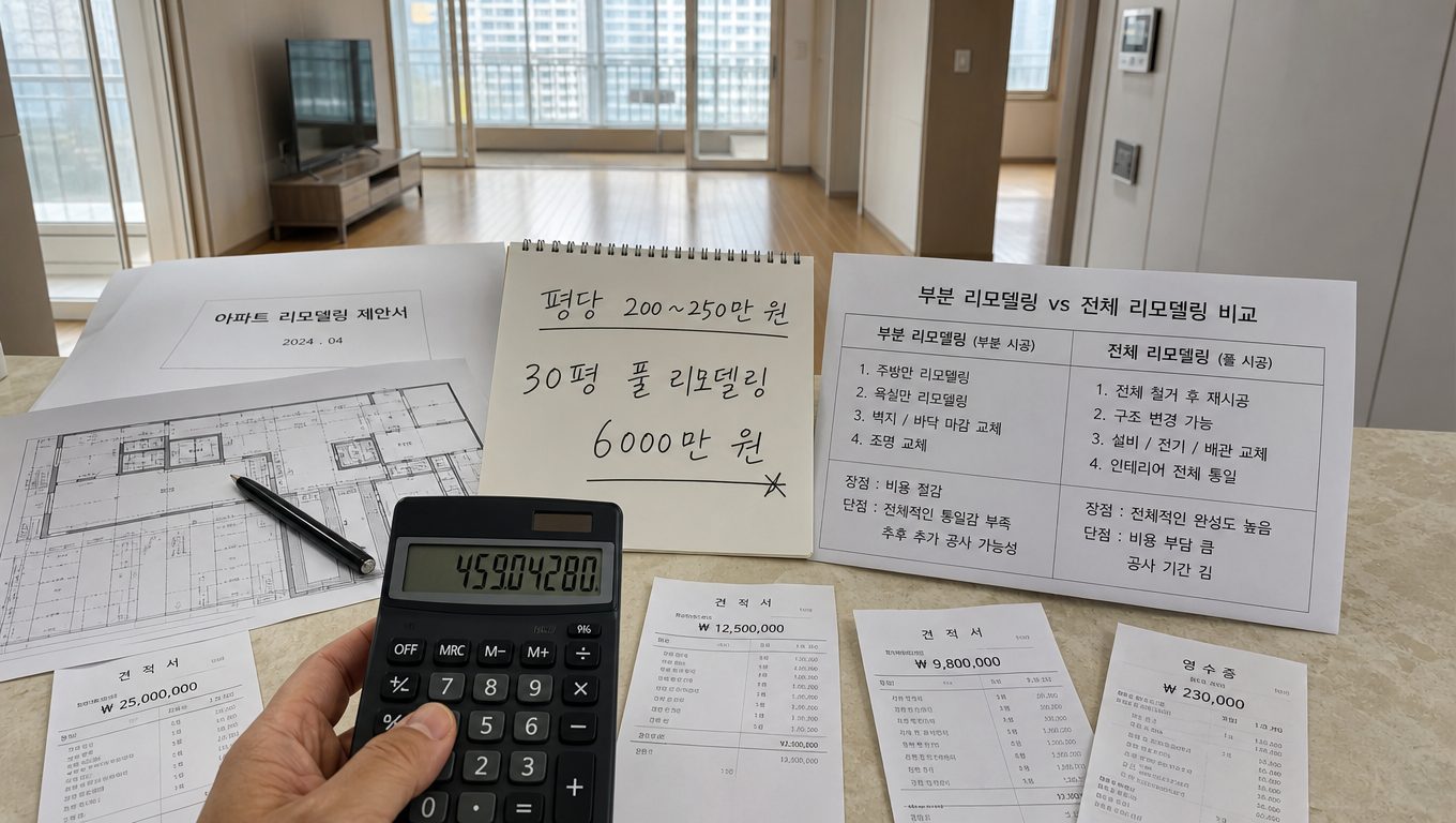 아파트 리모델링 비용은 평형과 범위에 따라 어떻게 달라지나요