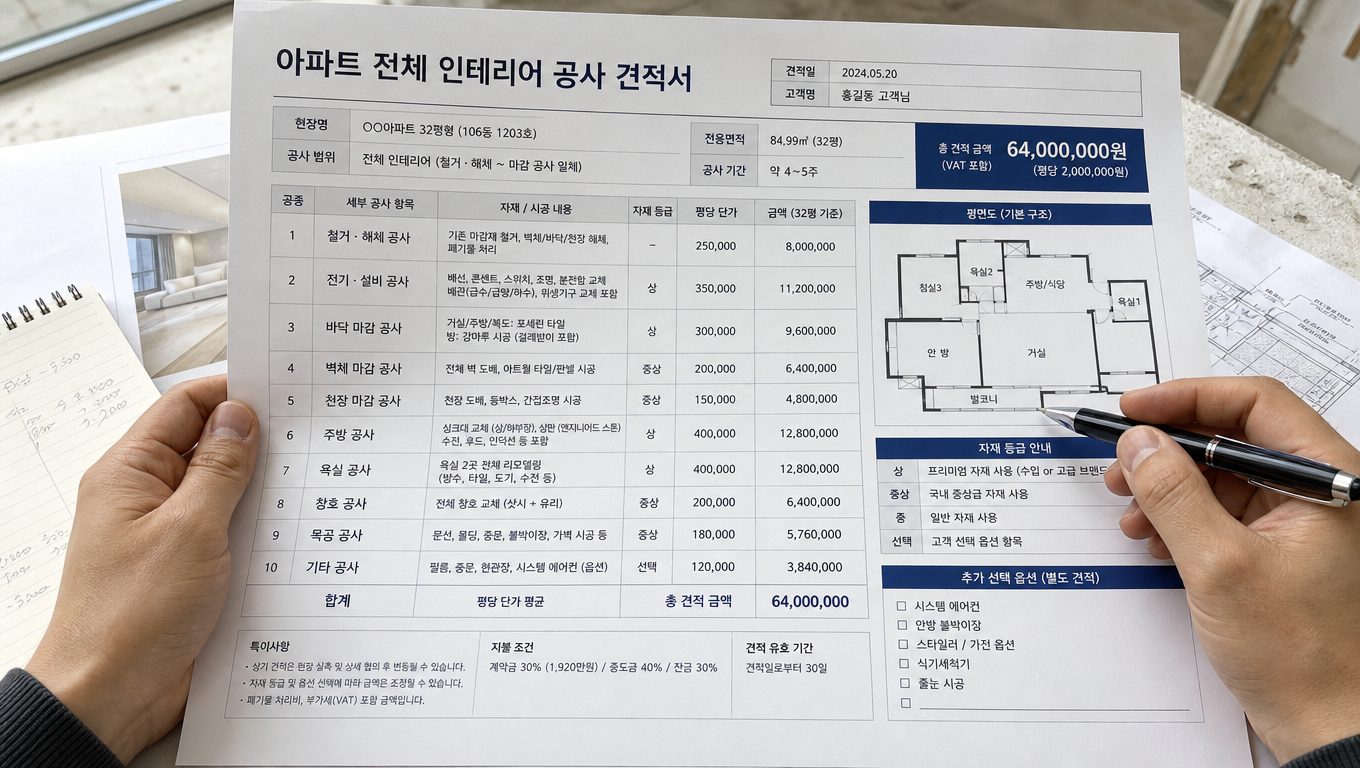 아파트 풀인테리어 견적 받을 때 반드시 확인해야 할 항목은 무엇인가요